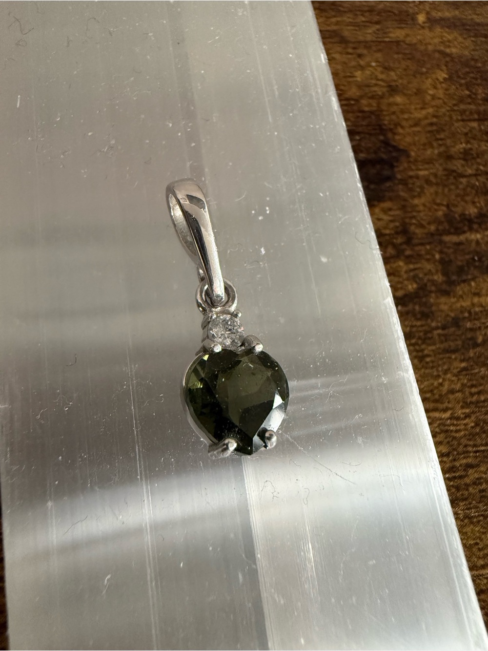Genuine Moldavite Faceted 8mm Heart Shaped Pendant w/ CZ Accent 925 Silver